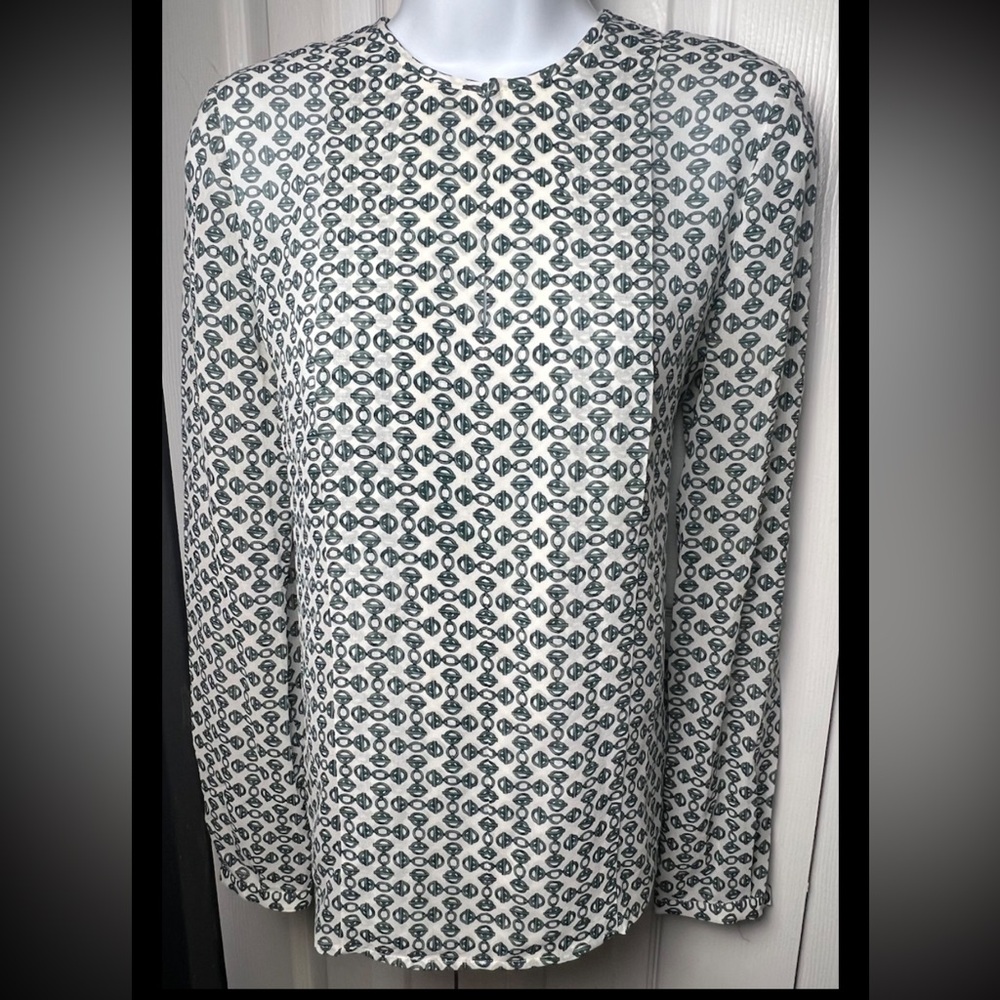 TORY BURCH Chain Print Silk Blouse English Green Long Sleeve Pleated Top 2 - Picture 2 of 10
